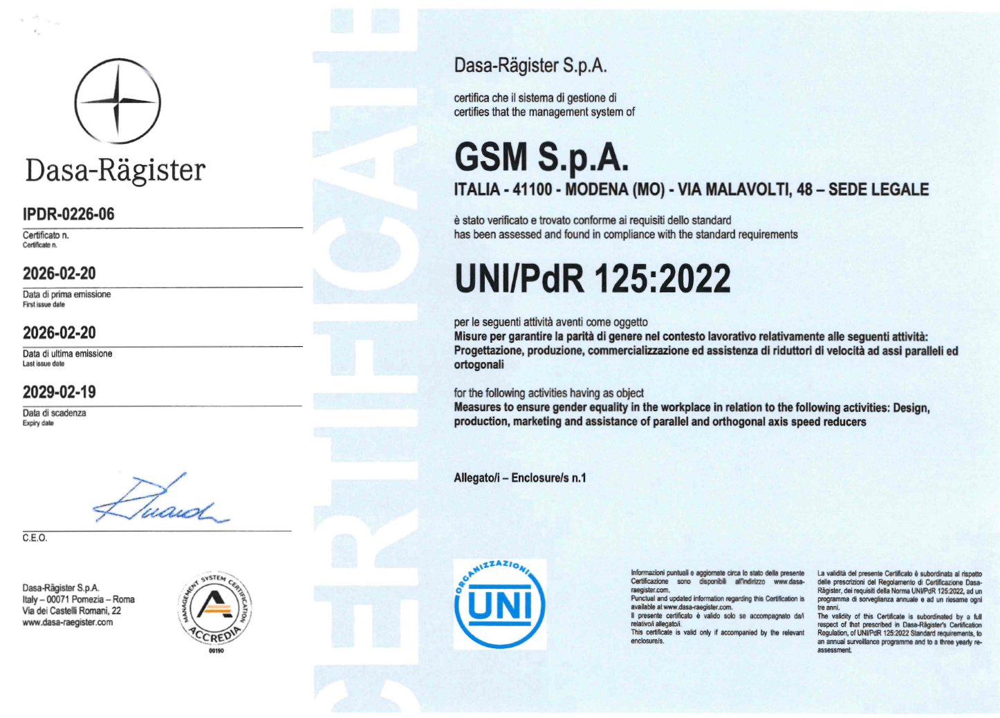 GSM - Certification UNI/PdR125:2022 (Parité de Genre)
